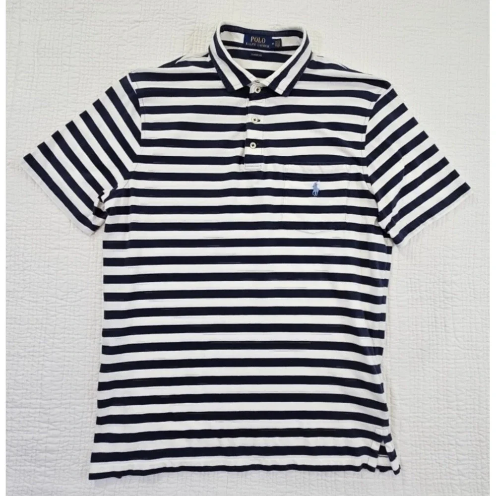 Polo Ralph Lauren Navy Blue Stripe Polo Shirt Men's M Medium Short Sleeve EUC LN